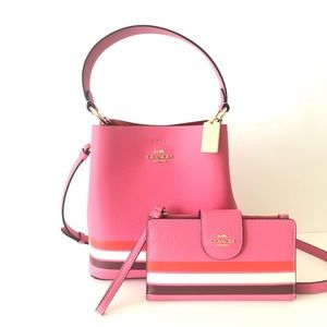 Coach Pink Striped Leather Purse Wallet Set